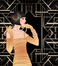 Art Deco Vintage Invitation Template Design With Illustration Of Flapper Girl. Patterns And Frames. Retro Party Background Set (1920's Style). Vector For Glamour Event, Thematic Wedding Or Jazz Party.