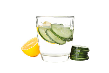 Glass with infused cucumber water isolated on white background