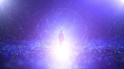 artificial intelligence network with men walking towards shiny light.
