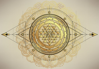 The Sri Yantra or Sri Chakra, form of mystical diagram, Shri Vidya school of Hindu tantra symbol. Sacred geometry vector design element. Vector illustration. Alchemy, occultism, spirituality.