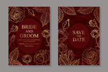 Set Of Modern Luxury Wedding Invitation Design Or Card Templates For Business Or Poster Or Greeting With Golden Roses And Red Paint Brush Strokes.