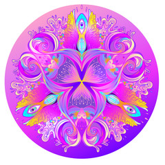 Wall Mural - Psychedelic mandala. Mandala. Beautiful vintage round pattern. Vector illustration. Psychedelic neon composition. 