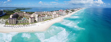 Cancun Beach And Hotel Zone Panorama Aerial View, Cancun, Quintana Roo QR, Mexico.