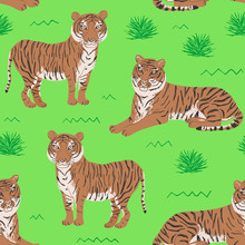 Seamless Pattern Of Cartoon Tigers. Repeatable Textile Vector Print, Childish Wallpaper Design.