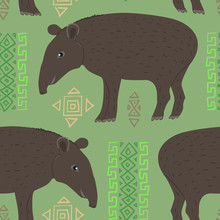 Seamless Pattern Of Tapir With Ethnic Ornament Elements. Repeatable Textile Vector Print, Wallpaper Design.