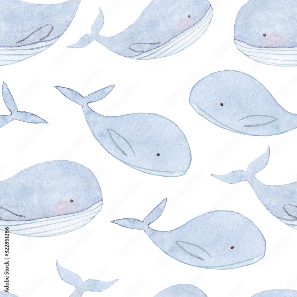 Cute and funny seamless pattern with blue whales on white background in ...