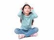 © arlee - Asian little cute girl 6 years old sitting on floor and put the book on head. Preschool lovely kid with the book covering on her head. Learning and education of kid.