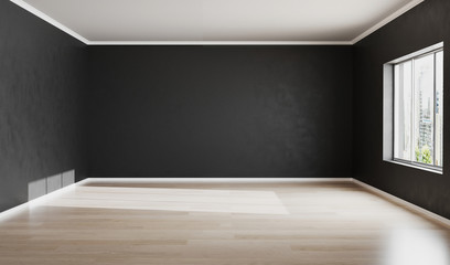 Empty room with black wall for mockup, black empty wall mock up, black wall background, empty space, home interior, 3d rendering