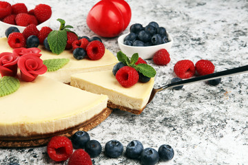 Wall Mural - Homemade cheesecake with fresh raspberries and mint for valentines day - healthy organic summer dessert pie cheesecake. Vanilla Cheese Cake for dessert