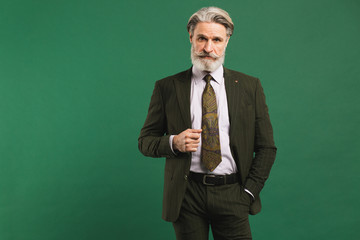 Stylish bearded middle-aged man in khaki suit on green background