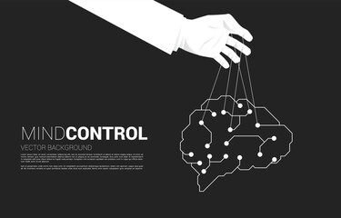 Hand Puppet Master controlling digital brain. Concept of manipulation and micromanagement