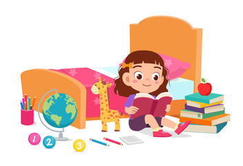 Poster - happy cute little kid girl read book in bed room