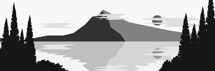 vector landscape panorama with mountain,clouds,sun and reflection of mountain on lake.pine trees and