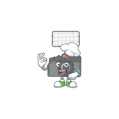 Sticker - Photo camera with lighting cartoon character in a chef dress and white hat