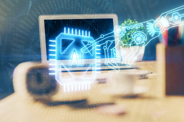 double exposure of desktop computer and technology theme hologram. concept of software development.