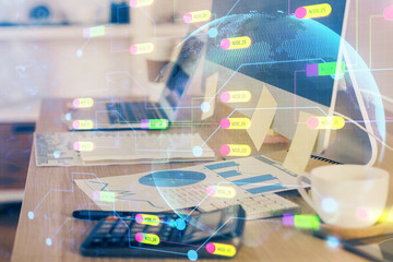 double exposure of desktop computer and technology theme hologram. concept of software development.