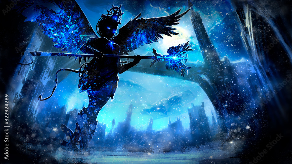 Ice angel sorceress with glowing eyes and a staff in her hands, on the background of the night winter landscape of a fantasy city with a long bridge and a tower, at midnight. 2D illustration. - obrazy, fototapety, plakaty 