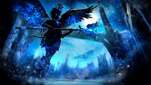 Ice Angel Sorceress With Glowing Eyes And A Staff In Her Hands, On The Background Of The Night Winter Landscape Of A Fantasy City With A Long Bridge And A Tower, At Midnight. 2D Illustration.