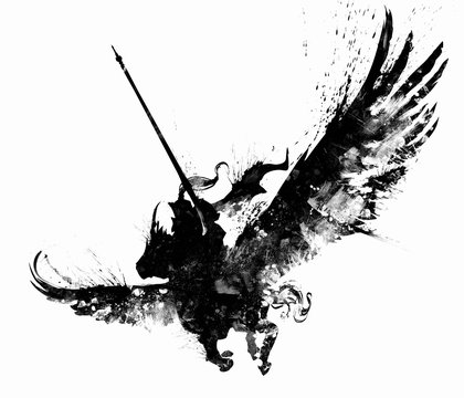 The silhouette of a knight in a cloak and helmet with a tail, with a huge lance on the ready, flies across the sky riding a Pegasus with huge wings, the drawing consists of smears and blotches . 2D il