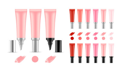 Collection of lipstick tubes with different color shade. Colorful lip gloss smudges. Makeup cosmetic product package. Vector illustration.