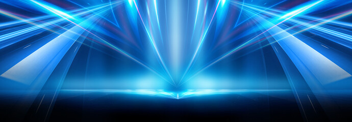 Wall Mural - abstract blue furutic background. rays and lines, symmetrical reflection, blue neon. abstract empty 