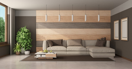 Wall Mural - Modern living room with sofa against wooden paneling