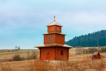 Fototapete - Wooden church on the field, Ukraine, Europe