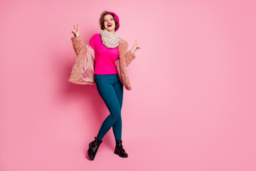 Sticker - Full size photo of cute sweet cool youth french girl fun on winter trip holidays make v-sign wear dotted shawl bright jumper blue pants trousers isolated over pink color background