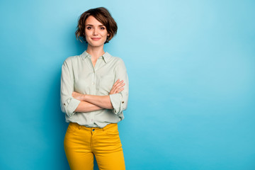 photo of cool attractive business lady short hairstyle friendly smiling responsible person arms cros
