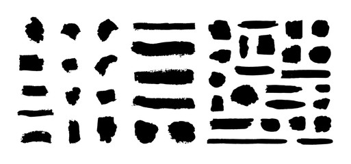 Wall Mural - Vector Ink Brush Strokes Black Silhouettes Set Isolated on White Background, Graphic Design Elements.