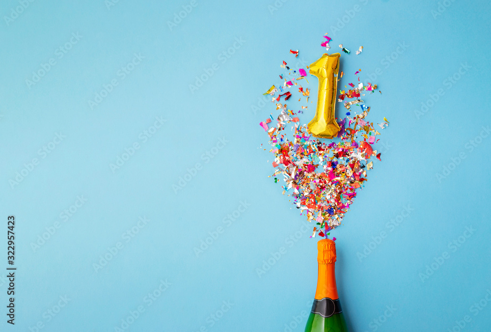 1st anniversary champagne bottle balloon pop - obrazy, fototapety, plakaty 