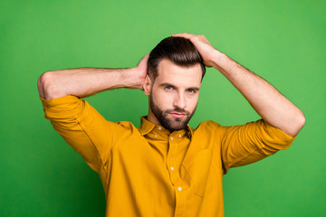 Sticker - Close-up portrait of his he nice attractive content virile bearded guy touching hair modern coiffure isolated over bright vivid shine vibrant green color background