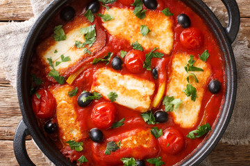 Wall Mural - Cyprus food baked Halloumi with tomatoes, peppers, olives in a spicy sauce close-up in a pan. Horizontal top view