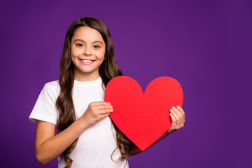 Sticker - Close-up portrait of her she nice attractive lovely lovable cheerful wavy-haired girl holding in hand big large heart symbol isolated on bright vivid shine vibrant purple violet lilac color background