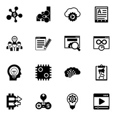 Wall Mural - 16 network filled icons set isolated on white background. Icons set with Business networking, social media trends, Streaming service, Collaborative idea, SEO copywriting icons.