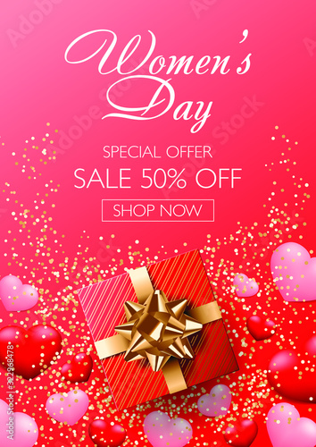 Womens Day Sale special offer shop now poster, flyer, banner, invitation card template with red gift with golden bow and red and pink hearts 