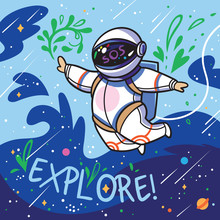 Explore. Cute Cartoon Astronaut Flies With Green Leaves In Outer Space