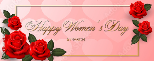 Happy Womens Day calligraphic golden text on pink background with hearts and red roses banner or poster layout 