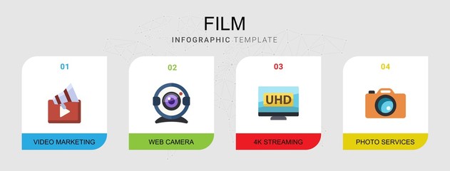 Wall Mural - 4 film flat icons set isolated on infographic template. Icons set with Video marketing, Web Camera, 4K Streaming, Photo services icons.