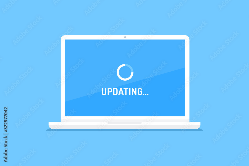 Laptop computer showing system update screen vector flat illustration