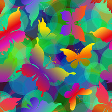 Seamless Pattern, Exotic Butterflies Colorful Silhouettes On Abstract Tile Background With Circles. Vector