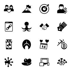 Wall Mural - 16 illustration filled icons set isolated on white background. Icons set with couple, attainment, Target, Web Link, octopus, Partnership, Mobile marketing, salmon, Account icons.