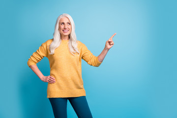 Sticker - Portrait of her she nice attractive lovely pretty cheerful cheery glad grey-haired woman showing advice ad advert solution isolated over bright vivid shine vibrant blue color background