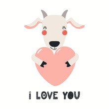 Hand Drawn Valentines Day Card With Cute Goat With Heart, Quote I Love You. Vector Illustration. Isolated On White Background. Scandinavian Style Flat Design. Concept For Children Print, Invite.