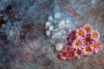 heart made with ice and flowers on the beautiful blue background. love postcard. spring and winter c