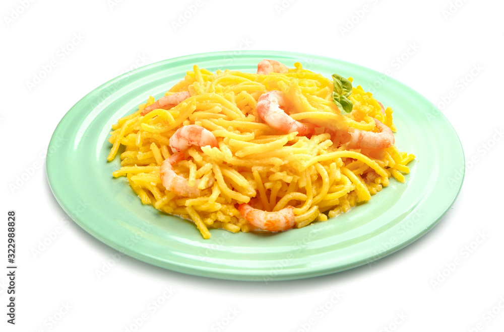 Plate with tasty pasta and shrimps on white background