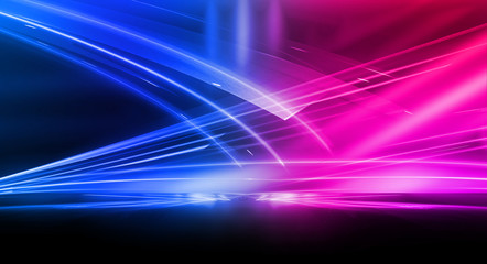 Empty stage, blue and pink, purple  neon, abstract background. Rays of searchlights, light, abstract tunnel, corridor.