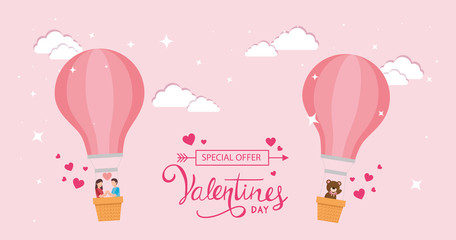 Wall Mural - happy valentines day with balloons air hot and decoration vector illustration design