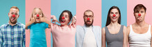 Collage Of Happy Young People As A Clowns Celebrating Red Nose Day. Male And Female Models On Bicolored Blue-pink Studio Background. Celebrating, Greeting, Holidays Concept. Human Facial Emotions.