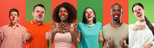 Collage Of Happy Young People As A Clowns Celebrating Red Nose Day. Male And Female Models On Bicolored Red-green Studio Background. Celebrating, Greeting, Holidays Concept. Human Facial Emotions.